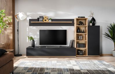 Wohnwand | Farbe: Eiche Ribbeck / Schwarz | Push-to-open Funktion | Maße: 240 x