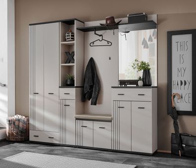 Garderobe | viel Stauraum | Farbe: Kaschmir / Schwarz | Spiegel | 2 Haken | Maße