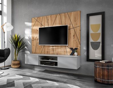Wohnwand | Push-to-open Funktion | modernes Design | Farbe: Perla Grau / Eiche A