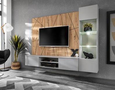 Wohnwand | Farbe: Perla Grau / Eiche Artisan | Push-to-open Funktion | Maße: 200