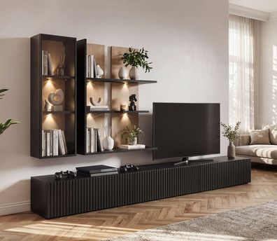 Wohnwand | 3 Meter lang | Farbe: Schwarz / Eiche Vicking | geriffelte Front | in