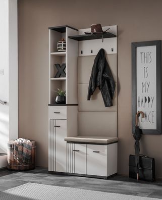 Garderobe | inkl. Sitzkissen | 4 Haken | Farbe: Kaschmir / Schwarz | gepolsterte