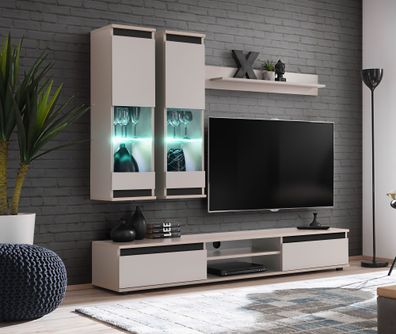 Wohnwand | Farbe: Eiche Hickory Jackson / Schwarz | Push-to-open Funktion | Maße