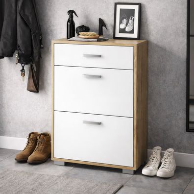 Schuhschrank Stepino | Farbe: Eiche Artisan / Weiß matt | 2 Klappfächer | 1 Schu