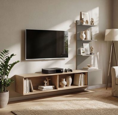 Wohnwand | Farbe: Eiche Cremona / Clay Grau | geriffelte Front | Push-to-open Fu