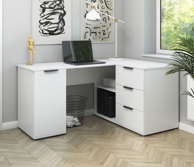 Eckschreibtisch | Weiß | Push-to-open Funktion | 150 cm Arbeitsfläche | Maße: 15