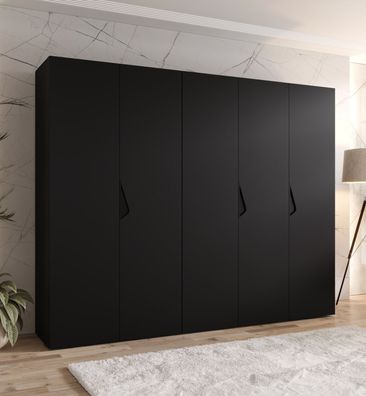 Kleiderschrank | 5-Türig | Farbe: Schwarz | 2,5 Meter breit | Griffe: Schwarz |