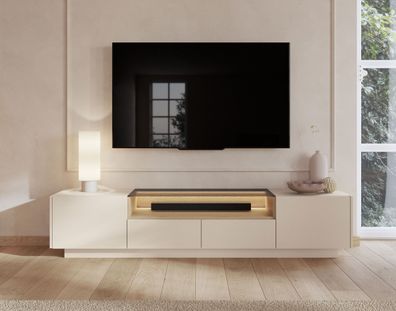 TV-Unterschrank | Farbe: Beige / Eiche Cremona | 2 Drehtüren | inkl. LED-Beleuch