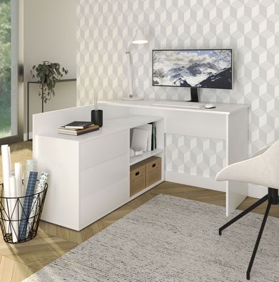 Eckschreibtisch | Weiß | Push-to-open Funktion | 120 cm Arbeitsfläche | Maße: 12
