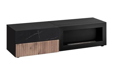 TV-Unterschrank | Bio-Ethanol Kamin | geriffelte Front | Farbe: Schwarz / Eiche