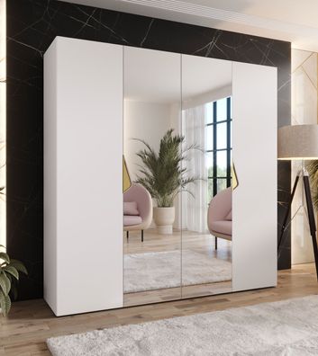 Drehtürenschrank | Farbe: Weiß | 2 Spiegeltüren | Griffe: Gold | 2 Fächer | 2 Kl