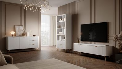 Wohnzimmer - Set E Sloughia | 3-teilig | Weiß | Griffe & Beine: Metall | Kommode