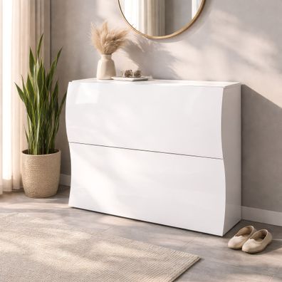 Schuhschrank Vela Nova 2 | Farbe: Weiß Hochglanz | 2 geräumige Kippfächer | Wave