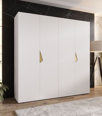 Drehtürenschrank | 2 Meter breit | 2 Kleiderstangen | Farbe: Weiß | Griffe: Gold