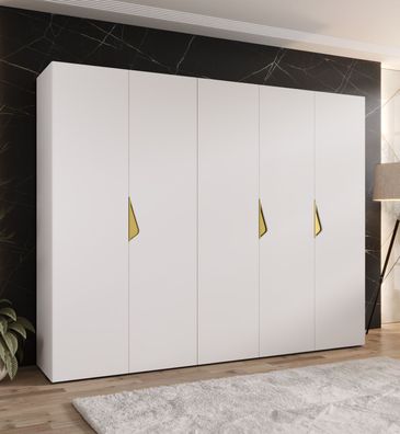 Kleiderschrank | 5-Türig | Farbe: Weiß | 2,5 Meter breit | Griffe: Gold | 3 Klei