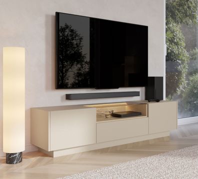 TV-Unterschrank | Farbe: Beige / Eiche Cremona | 2 Drehtüren | inkl. LED-Beleuch