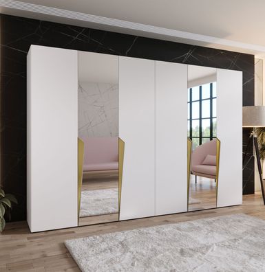 Kleiderschrank / Drehtürenschrank | Farbe: Weiß | 2 Spiegeltüren | 4 Fächer | 4