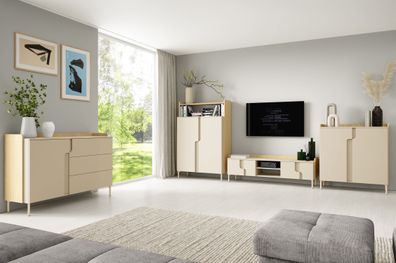 Wohnzimmer Set A | 4-teilig | Farbe: Eiche Mavelie / Macadamia | Push-to-open Fu
