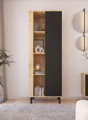 Bücherregal | Farbe: Eiche Artisan / Schwarz | Beine: Metall | 1 Tür | Maße: 60