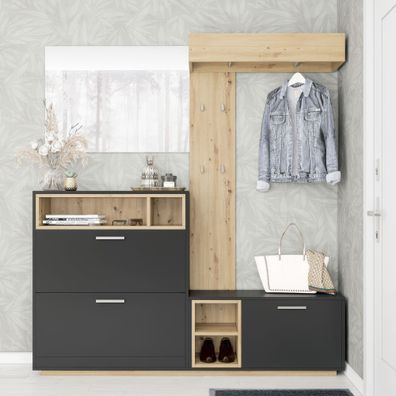 Garderobe Komplett - Set Zonza | Farbe: Eiche Artisan/Anthrazit | 2 Kippschuhfäc