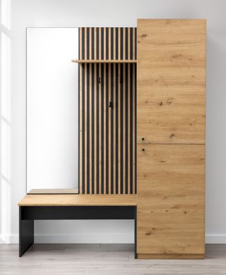Garderobe Komplett - Set Miavorla 1 | Farbe: Eiche Artisan/ Schwarz | Sitzbank |