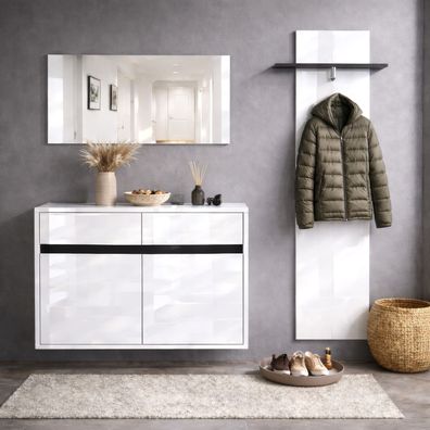 Garderobe Komplett - Set Palvudo | Farbe: Weiß Hochglanz / Schwarz | 3-teilig |