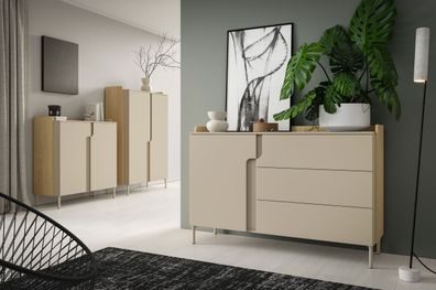 Wohnzimmer Set B | 3-teilig | Farbe: Eiche Mavelie / Macadamia | Push-to-open Fu