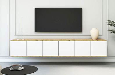 TV-Unterschrank | Farbe: Eiche Artisan / Weiß | Push-to-open Funktion | 6 Türen