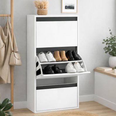 Schuhschrank Palvudo | Farbe: Weiß Hochglanz / Schwarz | 3 Kippfächer | Platzwun