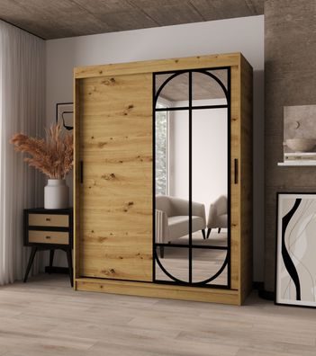 Kleiderschrank / Schiebetürenschrank | Farbe: Eiche Artisan | 2 Kleiderstangen |