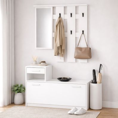 Garderobe Komplett - Set Kelvini | Weiß | Schuhschrank mit 3 Fächern und Schubla