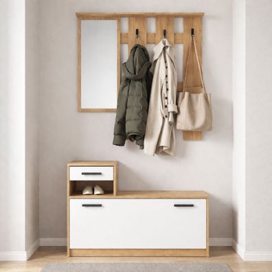 Garderobe Komplett - Set Kelvini | Farbe: Sonoma / Weiß | Schuhschrank mit 3 Fäc