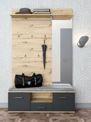 Garderobe Lavon | Farbe: Eiche Artisan/Anthrazit | Sitzbank | Kleiderstange | gr
