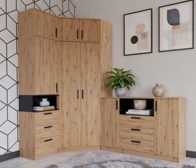 Schlafzimmer - Set | Eckkleiderschrank - Set M Fafe | 5-teilig | Farbe: Eiche Ar
