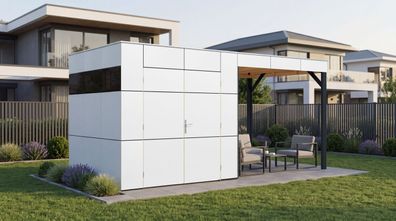 Gartenhaus Lounge Frankfurt 01 mit Dachanbau | Elementgartenhaus | HPL-Fassadenp