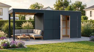 Gartenhaus Lounge Frankfurt 02 mit Dachanbau | Grundfläche 13,12 m² | Grau / An