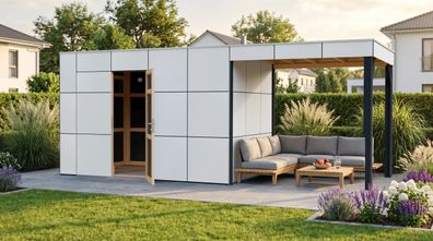 Gartenhaus Lounge Frankfurt 02 mit Dachanbau | Schleppdach | HPL-Fassadenplatten
