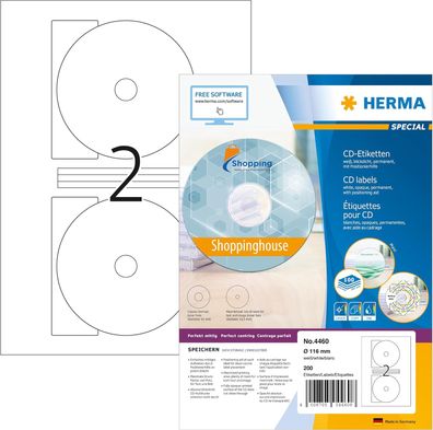 HERMA 4460 CD DVD Etiketten inkl. Zentrierhilfe blickdicht, 100 Blatt, Ø 116 mm MAXI,