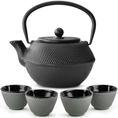 Bredemeijer Asia Teekannen Set 1,1 Liter Gusseisen schwarz mit 4 Teebechern grün