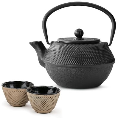Bredemeijer Asia Teekannen Set 1,1 Liter Gusseisen schwarz mit 2 Teebechern sand
