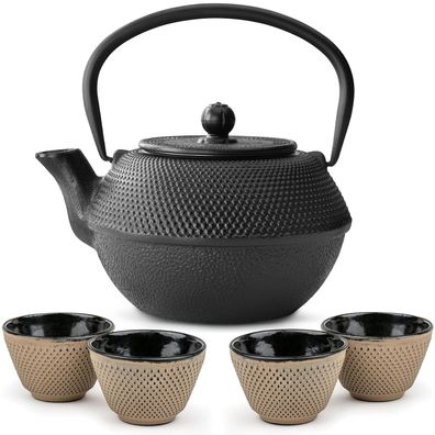 Bredemeijer Asia Teekannen Set 1,1 Liter Gusseisen schwarz mit 4 Teebechern sand