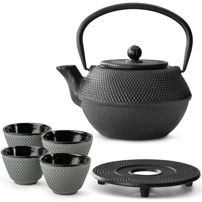 Bredemeijer Teekannen Set 1,1 L Gusseisen schwarz 4 Teebecher grün Untersetzer