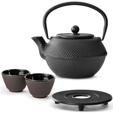 Bredemeijer Teekannen Set 1,1 L Gusseisen schwarz 2 Teebecher lila Untersetzer