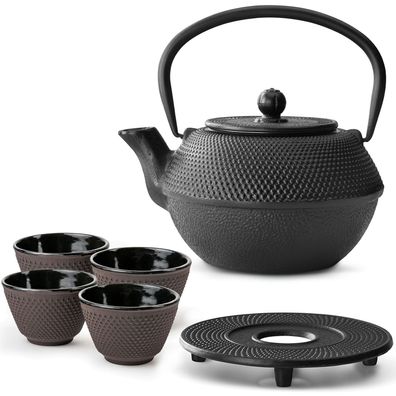 Bredemeijer Teekannen Set 1,1 L Gusseisen schwarz 4 Teebecher lila Untersetzer