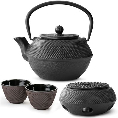Bredemeijer Teekannen Set 1,1 L Gusseisen schwarz 2 Teebecher lila mit Stövchen