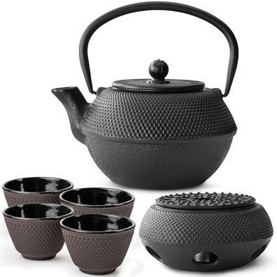 Bredemeijer Teekannen Set 1,1 L Gusseisen schwarz 4 Teebecher lila mit Stövchen