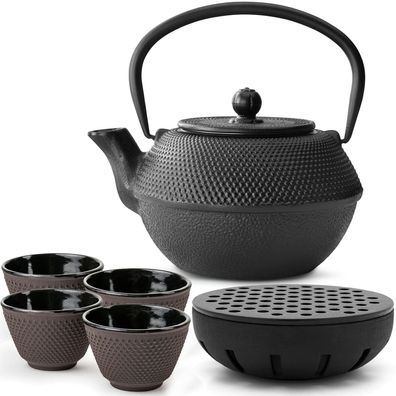 Bredemeijer Teekannen Set 1,1 L Gusseisen schwarz 4 Teebecher lila mit Teewärmer