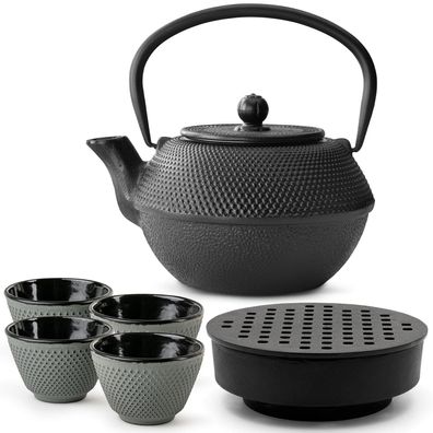Bredemeijer Gusseisen Teekannen Set 1,1 L schwarz Teewärmer mit 4 Bechern grün