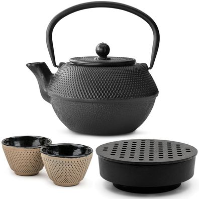 Bredemeijer Gusseisen Teekannen Set 1,1 L schwarz Teewärmer mit 2 Bechern sand