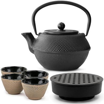 Bredemeijer Gusseisen Teekannen Set 1,1 L schwarz Teewärmer mit 4 Bechern sand